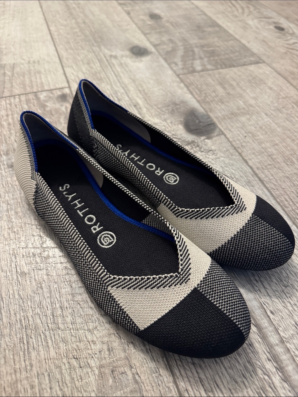 Rothy's Black & Cream Geometric Pointed Knit Flats
